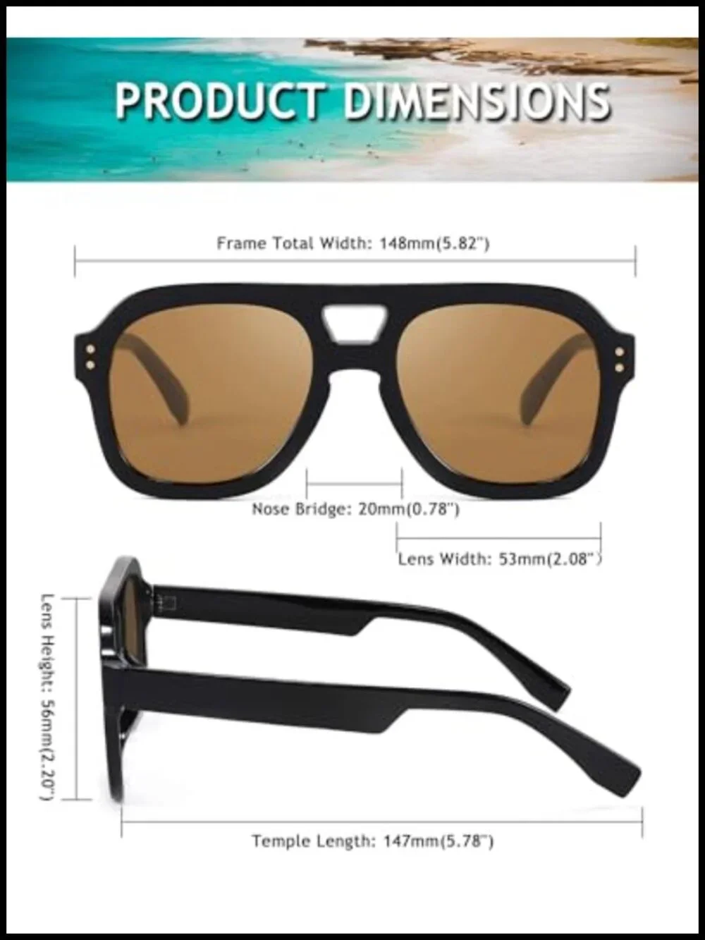 Vintage Pilot Sunglasses Square Chunky UV400 Polarized for Men Women Driving